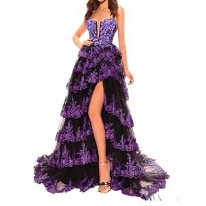 NEW AMARRA glitter tulle sequin ball gown with plunging neckline in black/purple